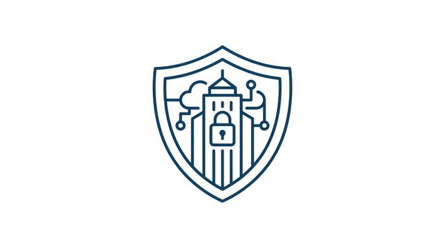 Shield emblem featuring a building with integrated circuit board design elements