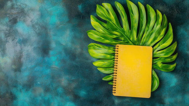 Yellow spiral notebook lying on a green tropical monstera leaf over a textured blue background with copy space.