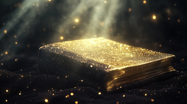Old closed book covered in sparkling gold dust under beams of light on a dark magical background.