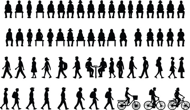 Collection of black silhouettes, people sitting, walking and biking