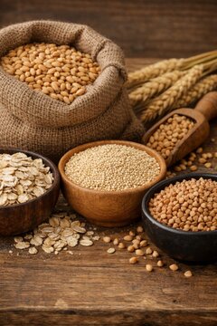 Assorted whole grains and cereals in bowls and burlap sack on wooden table for healthy food background and natural cooking and nutrition design