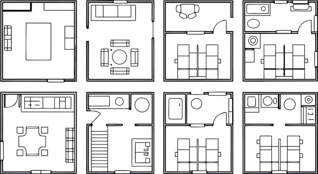 Eight black and white architectural floor plans for living spaces