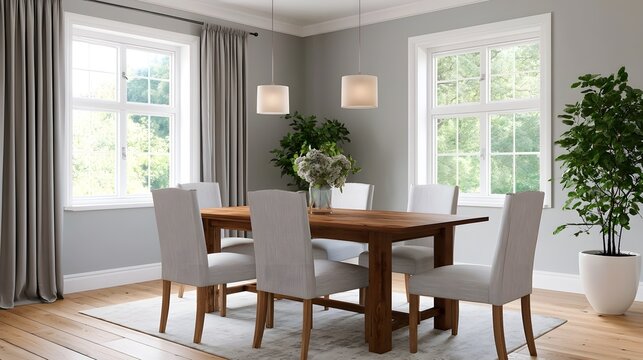 Modern dining room with wooden table  light gray chairs  and large overlooking greenery