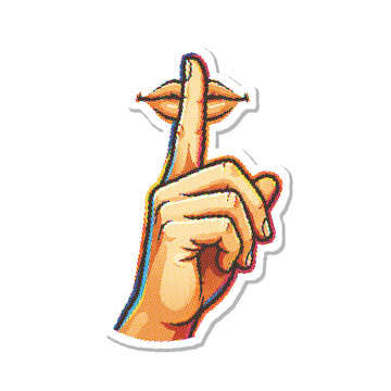 Hand making shushing gesture with finger to lips halftone vector illus
