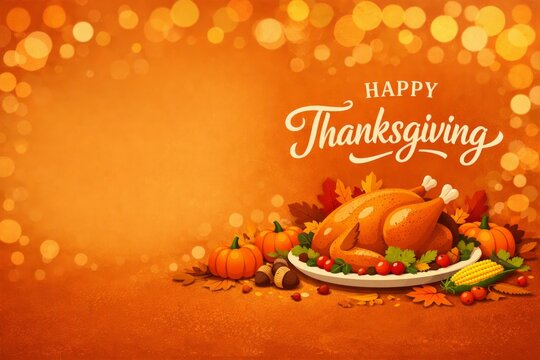 Festive thanksgiving roasted turkey and autumn pumpkins background with warm bokeh lights for holiday banner, poster and seasonal wallpaper design