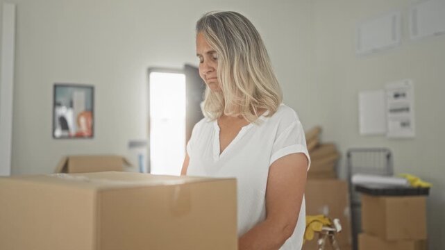 Woman packing a large cardboard box while looking down and arranging moving boxes inside a building; fatigue.