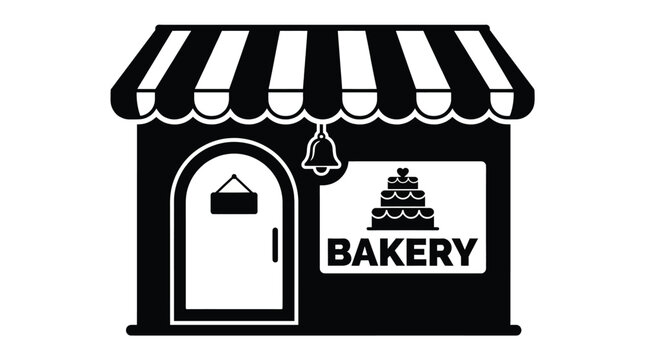 Minimalist Bakery Storefront Icon Featuring a Tiered Cake Logo and Striped Awning Design