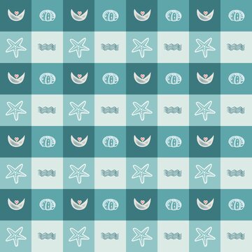 Seamless coastal checkerboard pattern with starfish and ocean motifs