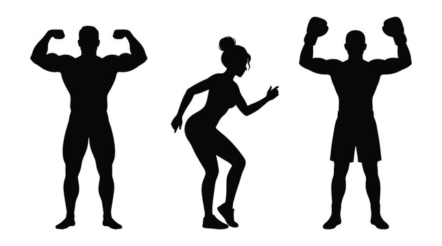 Muscular bodybuilder and female fitness runner along with triumphant boxer silhouette isolated on white background