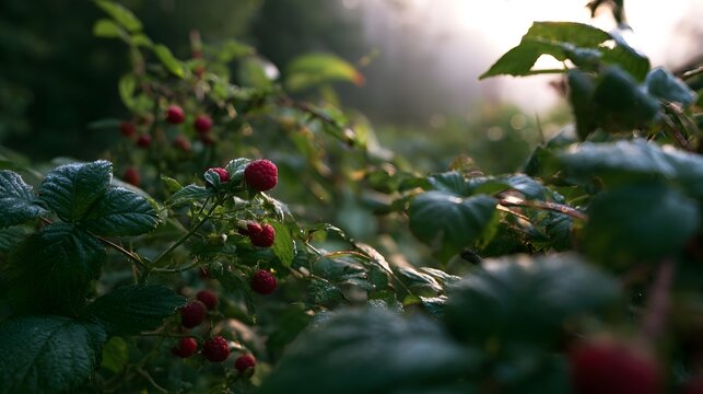 Fresh red raspberries hang among lush green leaves under soft morning light with misty background