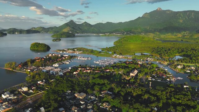 Aerial view of the Marina Bracuhy near the town of Angra dos Reis in Brazil on sunrise