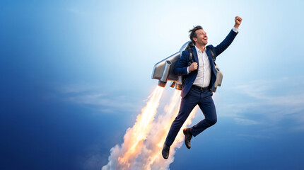 Obraz premium Man in suit flying with a jetpack, symbolizing success and ambition, with copy space.