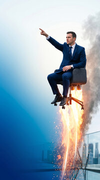 A businessman in a suit flies on an office chair propelled by jet engines, symbolizing rapid career advancement or ambition.