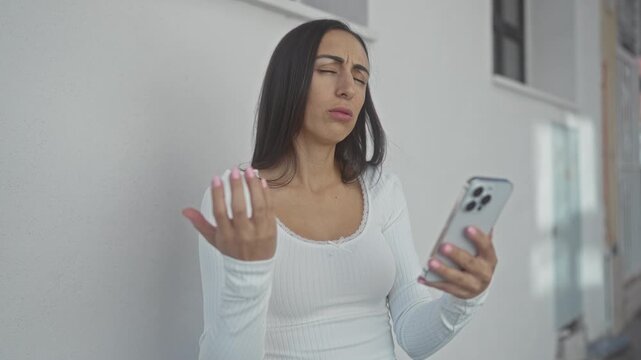 Young hispanic woman frowning while holding smartphone and checking screen in building hallway; frustration connectivity.