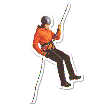 Person rappelling down a rock wall in harness and helmet halftone vect