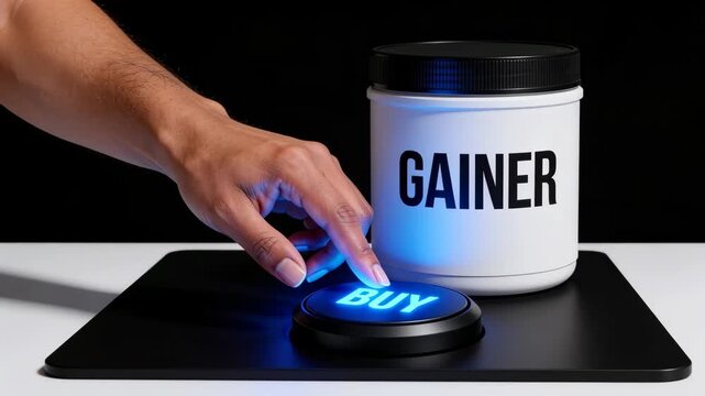 Close-up of a man's hand pressing a retail BUY button next to a large plastic tub of gainer powder. Instant online purchase and choosing the right premium bodybuilding supplement concept