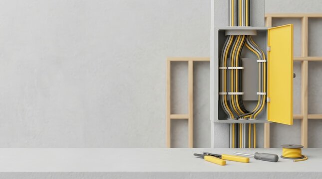 Electrical panel with open yellow door and organized wiring