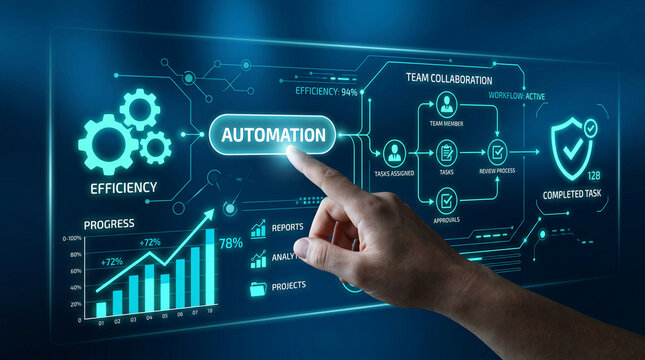 Digital interface showcasing automation, efficiency, team collaboration, and task completion metrics, symbolizing advanced technology and business process optimization