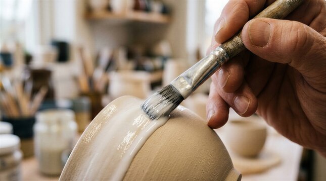 Potter Coating Bisque Clay Bowl with White Ceramic Glaze Brush - Ceramics Glazing Concept