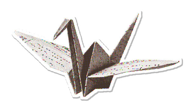 Origami crane paper bird with folded wings halftone vector illustratio