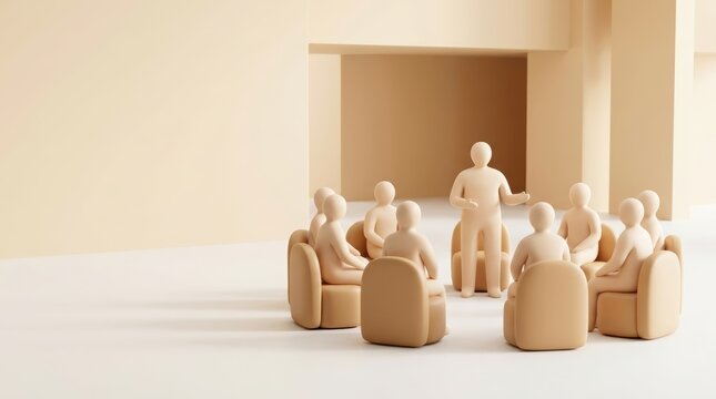 Group discussion circle with leader in minimal 3D style