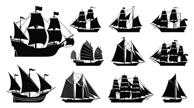 Set of black silhouettes of classic sailing ships and ancient wooden vessels