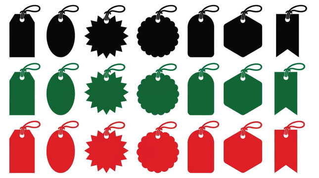 Set of colorful price tags, sale labels and gift tags in black, green and red colors on a white background
