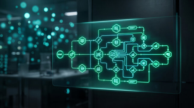Digital flowchart with neon green icons on a glass display, symbolizing complex processes, data flow, and business logic