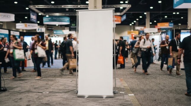 Blank roll-up banner mockup at trade show convention center with blurred crowd