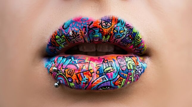 Woman lips with colorful graffiti art makeup and lip piercing