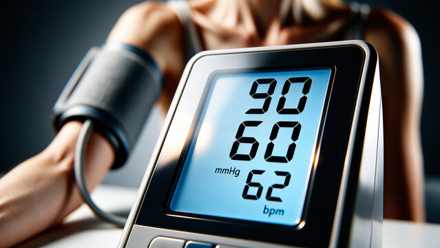 Close-up of a digital tonometer display showing low blood pressure in a young woman measuring it. Hypotension symptoms and circulatory health monitoring