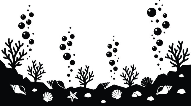 Minimalist black and white underwater sea floor illustration with corals shells and bubbles in a stylized flat design pattern