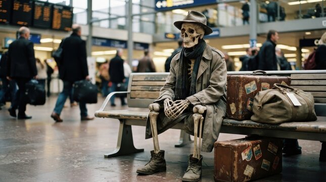 Skeleton traveler waiting on a bench at a busy railway station