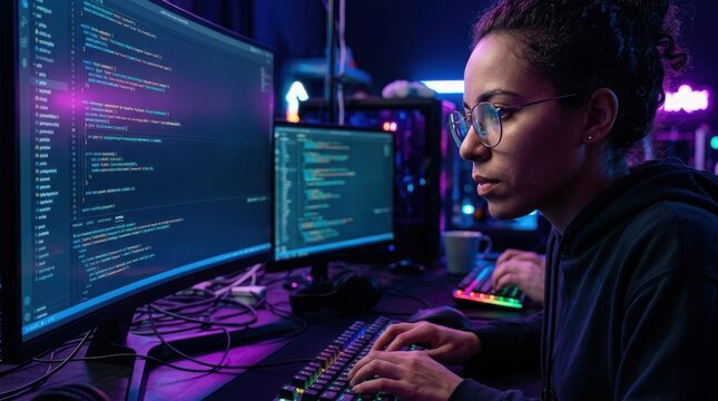 Woman programming and writing code on multiple monitors in dark room