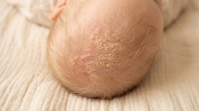A newborn baby's scalp exhibits cradle cap, a common infantile skin condition. This highlights the delicate nature of infant skin and need for gentle dermatological care.