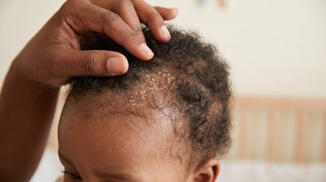 An adult hand gently examines the scalp of an African American baby with cradle cap. This image highlights infant health, parental care, and dermatological concerns.