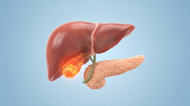 A detailed 3D rendering showcases the human liver, gallbladder, and pancreas. The gallbladder exhibits gallstones, representing a common medical condition requiring advanced healthcare solutions.