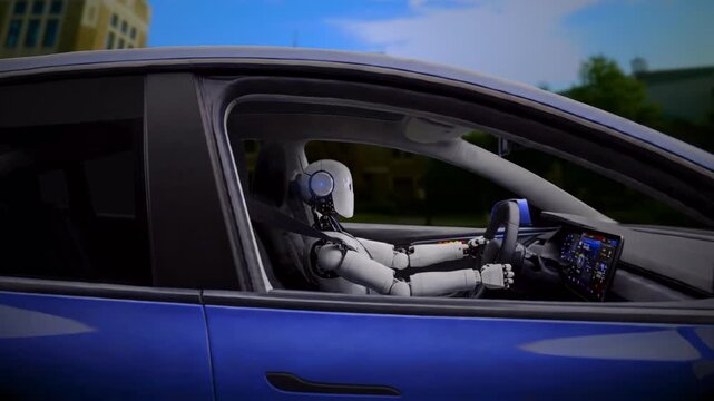 Robot driving electric car close up