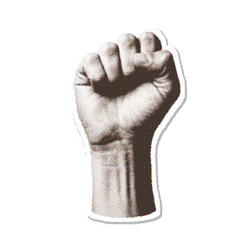 Raised human fist in halftone vector style symbolizing strength and so
