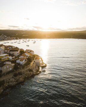 Aerial view, Primosten at sunrise, Croatia