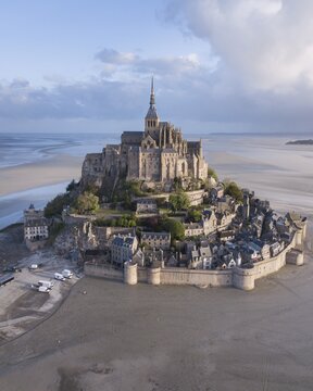 Mont St. Michel at low tide, aerial view, Le Mont-Saint-Michel, Manche, Normandy, France