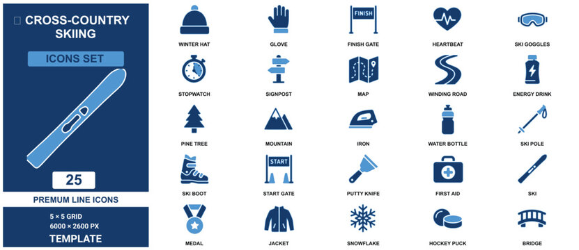 Cross country skiing set template featuring blue and white winter sports