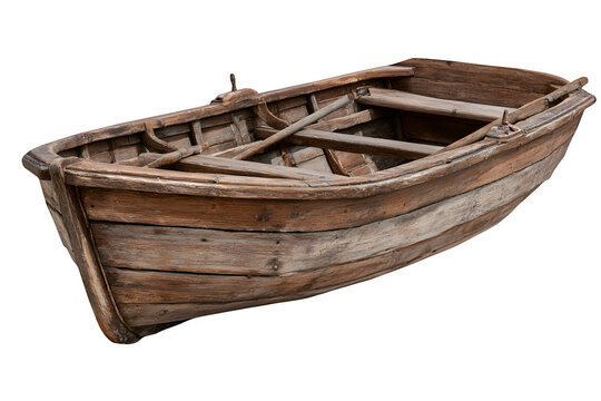 Old wooden fishing boat with oars for water travel isolated on transparent background