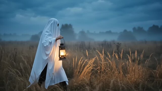 Mysterious ghost walks through a misty field with a glowing lantern