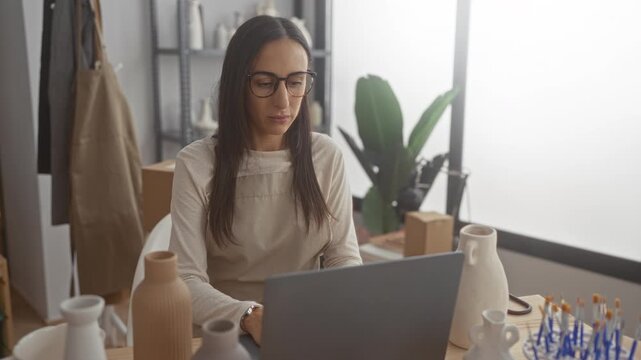 Hispanic woman typing on laptop among pottery and vases in a studio; creative small business focused.