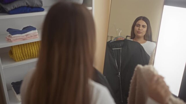 Woman holds jacket on hanger and lifts a fleece sweater while studying her reflection in a mirror inside a retail building; uncertainty.
