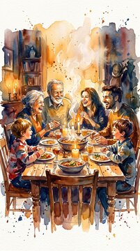 Watercolor illustration of a happy family sharing a meal at a candlelit table, emphasizing togetherness and mindful eating.