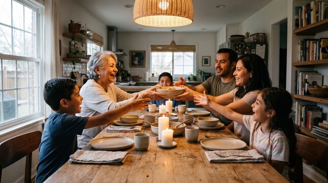 A happy multi-generational family shares a meal and passes a bowl of food around a candlelit wooden table in a cozy home setting.