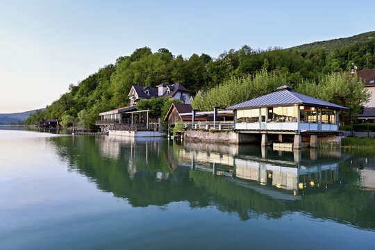 Hotel and restaurant Villa du Lac on Lac d'Aiguebelette, large natural lake, at the foot of the &Eacute;pine Mountains, Aiguebelette-le-Lac, Savoie Department, France