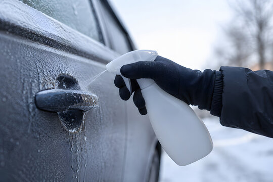 Gloved hand sprays deicer onto a frozen car door handle to melt ice and restore vehicle access during cold winter weather.